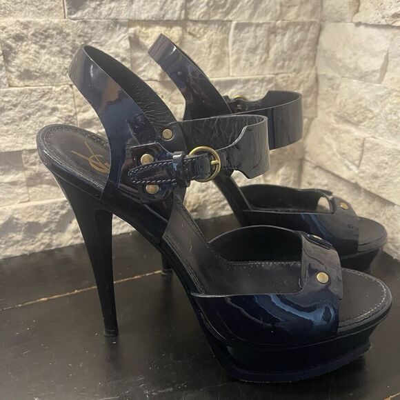 Yves Saint Laurent Navy Patent Leather Heels Open Toe Shoes Size 41 / US 8.5 - Picture 1 of 14